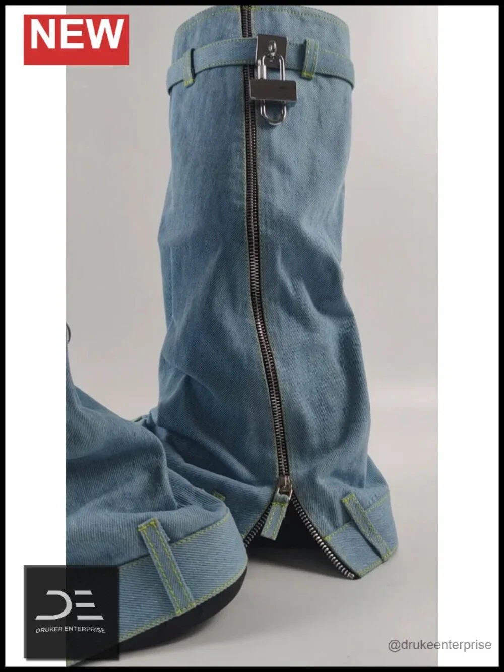 Platform Denim Knee High Fold Over Boots with Padlock 6cm Heel